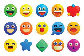 Diverse set of fifteen colorful emoji faces and geometric shapes with playful expressions emoticon