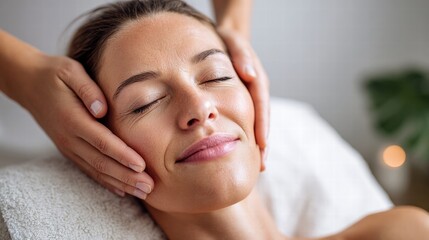 A woman receiving a relaxing facial massage at a spa, enjoying the experience.