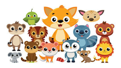 Group of Cute Cartoon Animals Posed Together on a White Background cute animals animal group