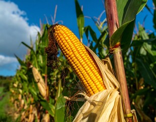 Close-up of a golden corn cob on the stalk