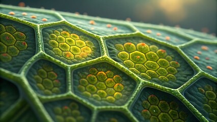 Close up of green plant cells with hexagonal shapes and small orange dots on the surface