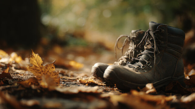 A pair of hiking boots rests on a bed of fallen autumn leaves in the sunlight.