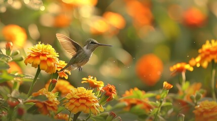 Hummingbird in motion captured mid flight above a vibrant blossom in nature s embrace