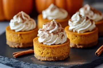 
Mini Pumpkin Cheesecakes with Whipped Cream and Cinnamon on Slate Platter