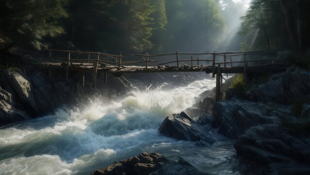 Misty mountain river and wooden bridge - Powered by Adobe
