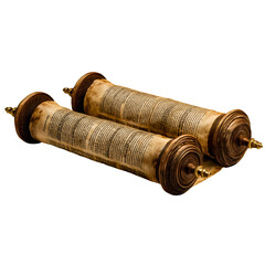 Ancient Torah scroll with Hebrew scripture, a holy Old Testament manuscript, a sacred artifact of Judaism and faith, a religious document of history and tradition, isolated on white.
Transparent.