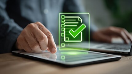 Fingers on tablet; bright green checklist and checkmark icon hovers above screen