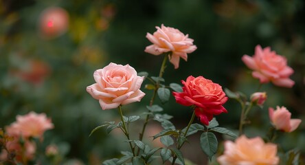 Floral Arrangement Delicate Roses in Soft Light with Green Background.
