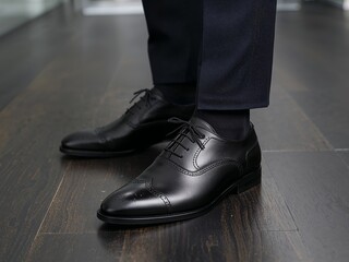 Formal Footwear, Polished Surface, Elegant Shoes. Black Leather with Intricate Details.