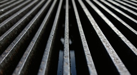 Drain Grid  Urban Iron Lines with Water Reflecting Shadows.