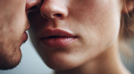 Naklejka premium A tender moment shared between two people, focused on lips and the closeness of faces.