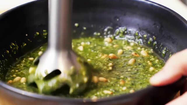 Blending fresh pesto: handheld mixer creating smooth green sauce