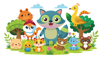 Fototapeta premium Cheerful Cartoon Forest Animals Arranged on Green Grass with Trees cute illustration