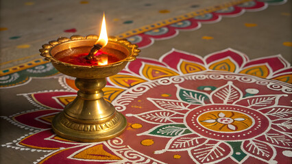 Traditional Diwali diya lamp with glowing flame, golden metallic base, and colorful rangoli design cutout, isolated on white background for festive graphics.