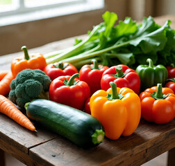 Fresh Organic Vegetables Displayed on Rustic Wooden Table