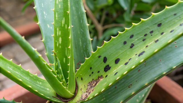 Close up of an aloe vera plant showing dark spots and healthy green leaves in a terracotta pot outdoors