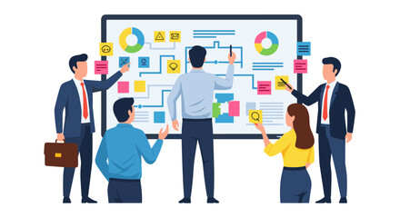 Dynamic team collaborating on a business strategy whiteboard for success with modern data analysis insight