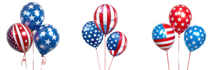 Three clusters of patriotic balloons isolated on transparent background, featuring american flag and star patterns, perfect for festive celebrations