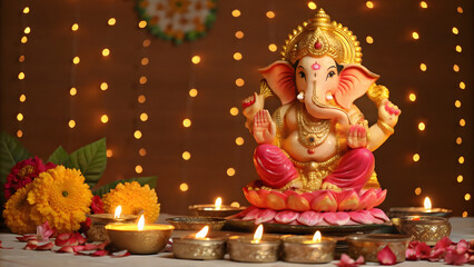 Obraz premium Lord Ganesha depicted on a lotus throne with golden ornaments, glowing diya lamps, and flowers, vibrant aura shining in ultra-HD, ideal for pooja, celebration, and decorative use. 