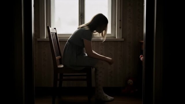 Sad woman in micro mini skirt sitting alone by window. 4K Video