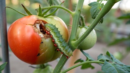 A green caterpillar eating a ripe tomato on the vine in a garden with leaves and other tomatoes