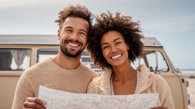 A happy couple is planning their road trip adventure with a map by a van.