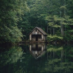 Obraz premium A picturesque boathouse reflecting on a calm lake at sunset.
