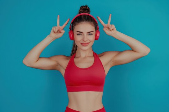 Young fitness trainer instructor sporty woman wear red sportswear training in home gym listen music in headphones do horns up gesture isolated on plain blue background. Workout sport fit abs concept