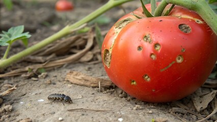 A damaged tomato with holes and a small insect crawling on the ground near the tomato plant outdoors