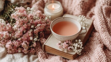 Cozy Pink Tea with Flowers and Candlelight Still Life