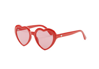Stylized heart-shaped eyewear with vibrant red frames and pink gradient lenses, on a transparent matte surface, professional studio, high-key lighting, concept of passion and positive vision