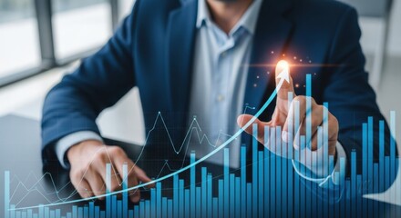 Businessman analyzing financial growth chart with upward trend on digital interface