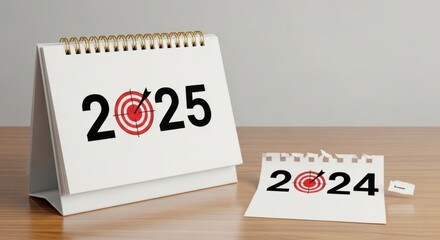 Desktop calendar showing year 2025 with target symbol, next to 2024 page
