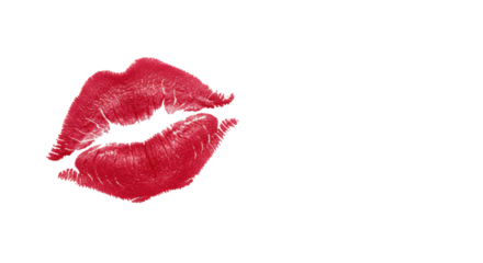 Perfectly formed, vibrant deep red lipstick kiss mark with sharp texture, slightly off-center on a transparent surface with copy space. Concept of strong brand identity