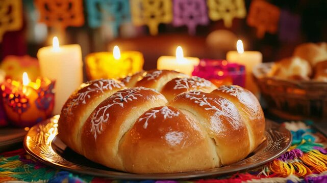 Warmly decorated bread on a festive table surrounded by colorful candles in a cozy setting during a cultural celebration