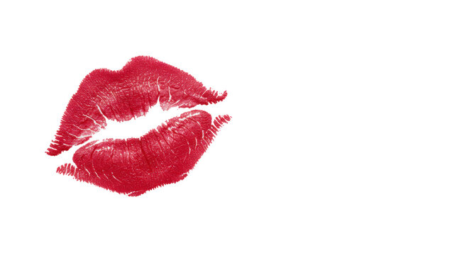Perfectly formed, vibrant deep red lipstick kiss mark with sharp texture, slightly off-center on a transparent surface with copy space. Concept of strong brand identity