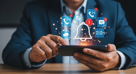 Person checking smartphone for notifications, alerts, and messages with icons