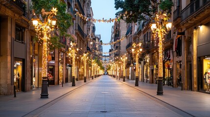 Fototapeta premium Charming Empty Street Decorated with Festive Lights and Holiday Decorations in a European City at Dusk
