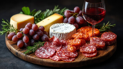 A rustic wooden board showcasing an assortment of cheeses grapes salami and a glass of red wine elegantly arranged