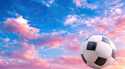 High-Quality Soccer Ball in Flight Against a Vibrant Sunset Sky with Colorful Clouds