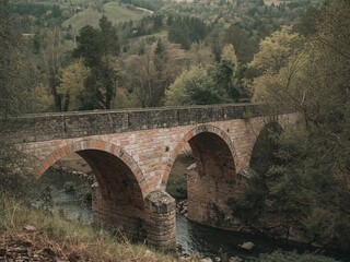 Fototapeta premium Old Stone Bridge with Arches over River, Surrounded by Trees and Foliage.