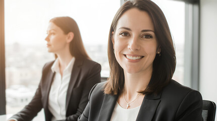 Fototapeta premium Portrait of professional woman at work, confident expression and casual elegance. Mature, poised executive with button-down shirt in golden hour light, depth of field, and natural business setting