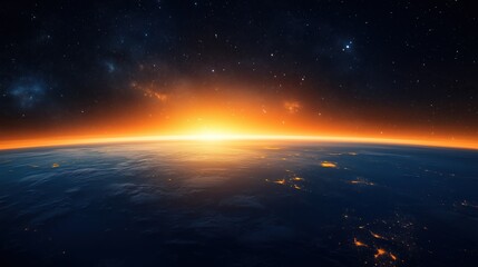 Breathtaking view of Earth from space with stars and galaxies in background, orange light rising over horizon symbolizing hope for future sustainable development