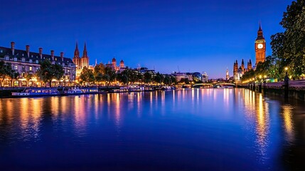 Obraz premium Stunning Night View of River Thames with Historic Landmarks Illuminated in Blue Hour, London, England