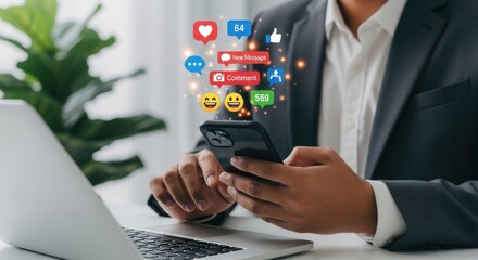 Person using a smartphone with social media icons and notifications popping up