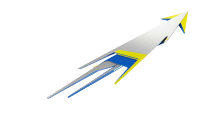 Minimalist abstract wing/arrow form, blue and yellow accents, brushed aluminum, suspended mid-air against transparent studio background, conveying upward momentum and aspirational progress.
