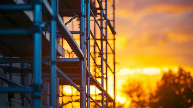Sunset illuminates construction scaffolding against a vibrant evening sky