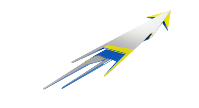 Minimalist abstract wing/arrow form, blue and yellow accents, brushed aluminum, suspended mid-air against transparent studio background, conveying upward momentum and aspirational progress.