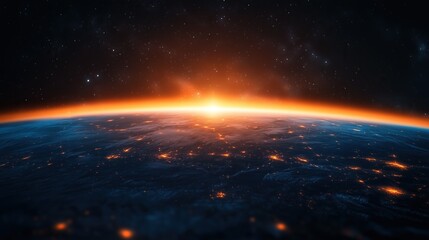 Abstract cinematic view of Earth from space with glowing orange sunrise horizon, star-filled dark sky and distant city lights, featuring volumetric depth-of-field and futuristic cosmic beauty