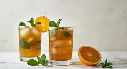 Fototapeta premium Refreshing Iced Tea Cocktails with Orange and Mint a Summertime Delight.